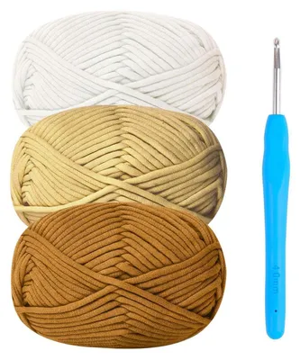 Image de Fil à crocheter en coton chenille, 3 pelotes de 50g, avec un crochet de 4 mm, couleur kaki