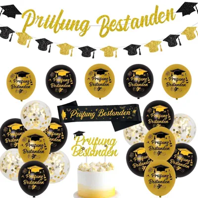 Produktbild von Abschlussfeier Deko Set Schwarz Gold Girlande Ballons Schärpe Tortentopper