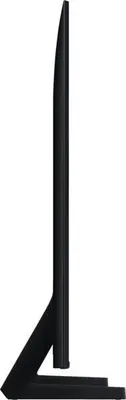 A side profile view of a black Samsung QLED smart TV on a stand, against a white background.
