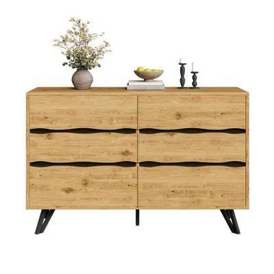Obrázek produktu pro AIORBER Moderní příborník se 6 zásuvkami - vzhled dřeva, černé kovové nožky a spousta úložného prostoru - 120x40x75,5 cm - minimalistický design