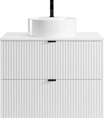 Produktbild von Waschbeckenunterschrank hängend mit rundem Aufsatzwaschbecken - Streifenoptik - Weiß matt - 80 cm - ZEVINI