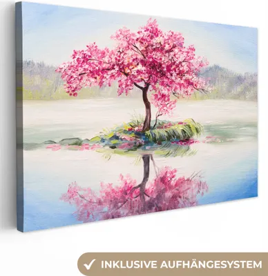 Produktbild von MuchoWow® - Leinwandbilder - Gemälde - Blüte - Wasser - Ölgemälde, Wandbild, Wanddeko Bilder Wohnzimmer, 60x40 cm