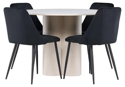 Image de Olivia ensemble pour salle à manger table Ø110cm et 4 chaises velours beige.
