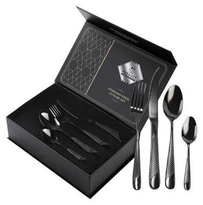 24-teiliges Besteckset, gehämmert, Edelstahl, für 6 Personen, schwarz