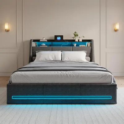 Produktbild von INONEFT Polsterbett 140x190cm,Bett mit Ladefunktion (USB&Typ-c),Jugendbett Doppelbett mit LED,mit Lattenrost und Stauraum,ohne Matratze,Leinen,Grau