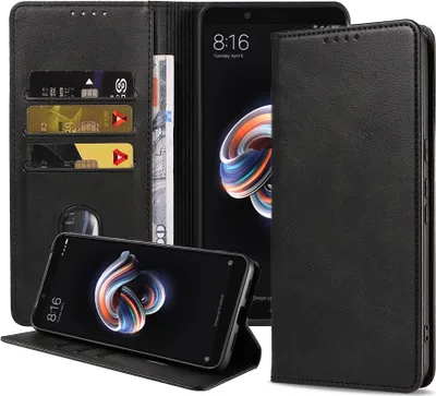 Produktbild von Smartphonica Handytasche passend für Xiaomi Redmi Note 5 Pro Kunstlederhülle mit Magnetverschluss und Kartenhalter Buchhülle mit Klappe - Schwarz