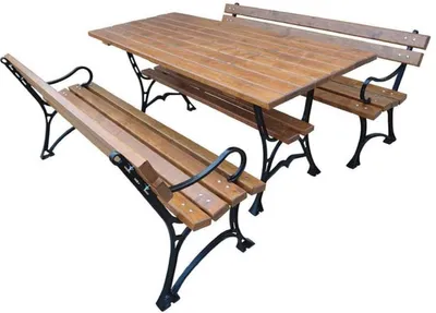 Immagine prodotto di Casa Padrino set di mobili da giardino in stile liberty tavolo e 2 panche con braccioli marrone/nero 180 cm - Mobili da giardino in legno massiccio