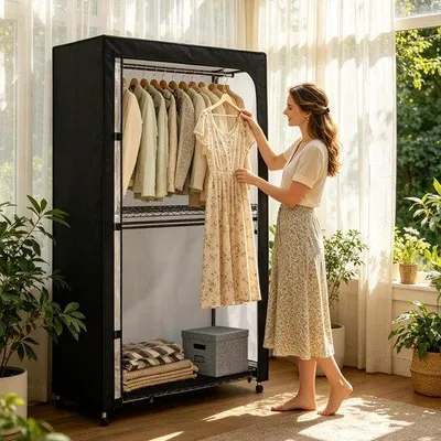 Productafbeelding van Kledingrek Hoes - Kledingbeschermer - Kleding Opbergen - Waterdicht Oxford Materiaal - 114x45x204cm - Zwart