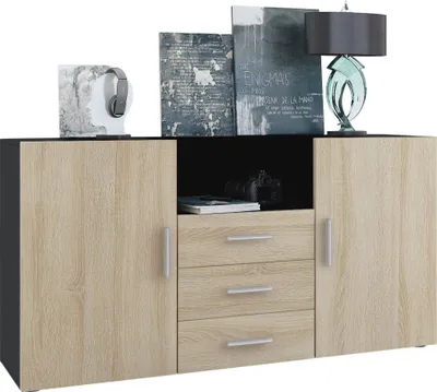 Produktbild von Vladon Sideboard Skadu, Kommode mit 2 Türen, 3 Schubladen und 1 offenem Fach, Schwarz matt/Eiche sägerau (138,5 x 71,5 x 35 cm)