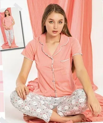 Produktbild von Damen Pyjama Schlafanzug Lachsfarbe XL Kurz Viskose mit Knöpfen 2 Teiler S-91