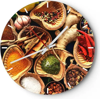 Produktbild von Wanduhr - Rund - Glasuhr - Küche Essen Kräuter Gewürze - 40x40cm - Schleichendes Uhrwerk - Lautlos - zum Aufhängen bereit - Dekoration Modern - Wanddekoration aus Glas - C3AR40x40-2844