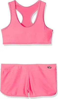 Immagine prodotto di Costume da bagno bikini a due pezzi per bambine, tinta unita, rosa fluo, taglia 16