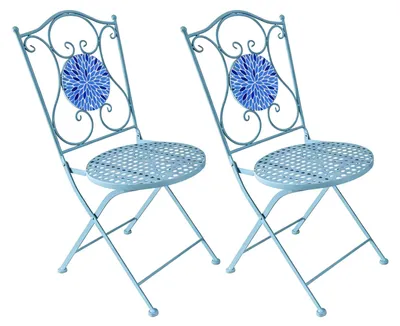 Produktbild von Gartenstuhl 2er-Set Metall Blau mit Blütenmotiv