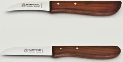 Produktbild von 2 x Küchenmesser, rostfrei, sehr scharf, 1 x gerade + 1 x gebogene Klinge, Kirschbaum-Holzgriff, Marsvogel Solingen