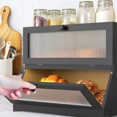 Produktbild von 2 Etagen Brotkasten Bambus, Groß Brotkästen aus Holz, Brotbox zur Brotaufbewahrung mit Tür,Brotwächter für Röstbrot und Gebäck 40x33x25cm Schwarz