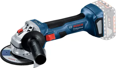 A cordless angle grinder is shown against a white background.