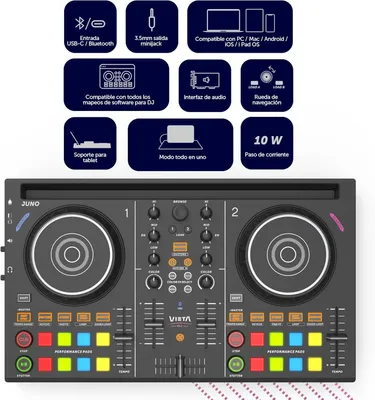 Immagine prodotto di VIETA PRO: Mixer DJ professionale Bluetooth con scheda audio integrata, controller DJ con illuminazione RGB integrata, controller DJ e sistema audio