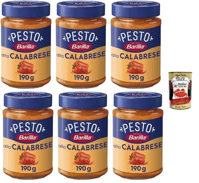 Produktbild von Barilla Pesto alla Calabrese, Italienische Pasta-Sauce mit Paprika, Ricotta und Pecorino Romano, Glutenfrei, 190g, 6er Pack, + Italian Gourmet polpa 400g