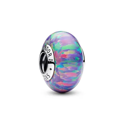 A single Pandora charm bead with a swirling, iridescent pattern of purple, green, and pink colors.