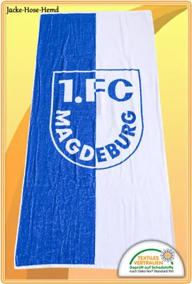 Produktbild von 1. FC Magdeburg Duschtuch Badetuch Badestola Blau Weiß Logo Gr: 70x140 cm