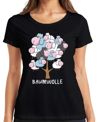 Produktbild von Baumwolle Schafbaum Cartoon Baumwollbaum Schafe Bauernhof Humor Damen T-Shirt, Schwarz, XL
