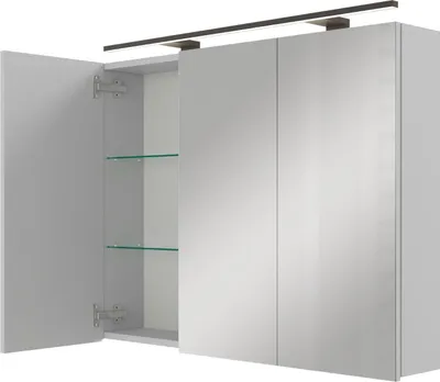 A modern bathroom cabinet with mirrored doors and an integrated light.