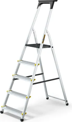 A silver step ladder with black steps and accents, shown against a white background.