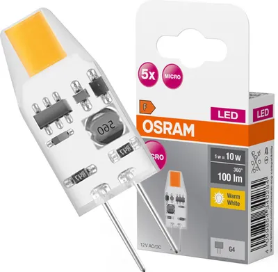 A product shot of an OSRAM LED lamp and its packaging.