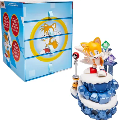 A Sonic the Hedgehog themed advent calendar box and a Tails figurine.