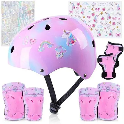 Zdjęcie produktu dla Kask dla dzieci Unyqoos® z regulacją rozmiaru i zestawem ochronnym – kask + ochraniacze na kolana, łokcie i nadgarstki, motyw jednorożca, rozmiar 48–54 cm, 11 otworów wentylacyjnych, w zestawie naklejki