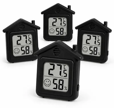 Produktbild von 4er Set Mini LCD Thermometer Hygrometer Digital, Raumklima Messgerät mit Komfortanzeige und Smiley Funktion für Zuhause, Büro und Kinderzimmer