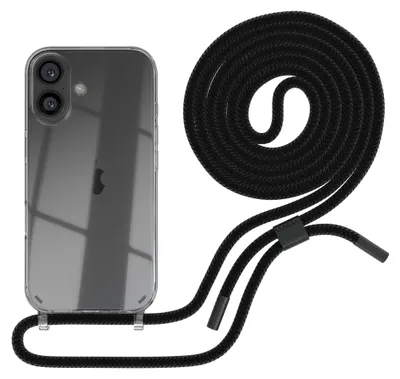 Produktbild von EAZY CASE Handykette für Apple iPhone 16, Clear Case aus Silikon, mit Umhängeband, abnehmbare Endstücke, Handyband in Schwarz