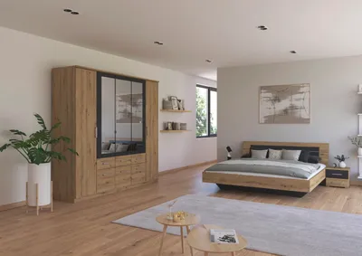 Produktbild von Schlafzimmer Burano in Eiche und Grau 4 teilig – mit Drehtürenschrank 5trg, Doppelbett 180x200cm und zwei Nachttischen