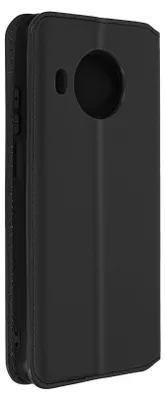 A black flip case for a smartphone, shown from the side with the cover closed.