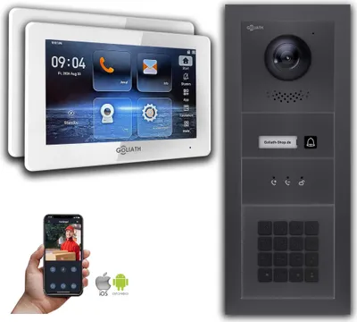 Produktbild von Goliath IP Video Türsprechanlage mit Kamera 7-Zoll Zahlencode Anzeige Anthrazit : Aufputzdose : 7 Zoll in Weiß : 2 Monitore Anzahl: 2 Monitore Farbe: 7 Zoll in Weiß Montage: Aufputzdose
