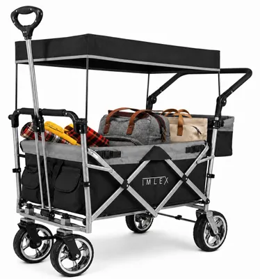 Produktbild von IMLEX Bollerwagen faltbar mit Dach IM-4268 Schwarz | Hohe Stabilität bis 80kg, 1X 3-Punkt Gurtsystem | Handwagen klappbar mit Schiebegriff ideal für 2 Kinder, KI-generiertes Bild