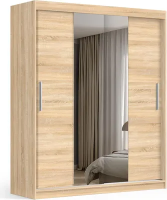 Produktbild von Mobelsta Schwebetürenschrank mit Spiegel 180,Kleiderschrank, Schlafzimmerschrank, Kleiderschränke,Wohnzimmerschrank Sonoma mit Spiegel 180x59x215,5 cm