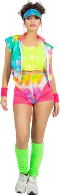 A woman wearing a colorful 80s-themed outfit.