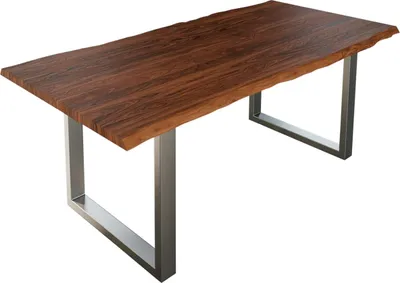 Produktbild von Esszimmertisch 220x100 cm Lauren, Baumkantentisch aus Akazienholz, massiv + nougatfarben, U-Metallgestell Silber, Esstisch mit echter Baumkante