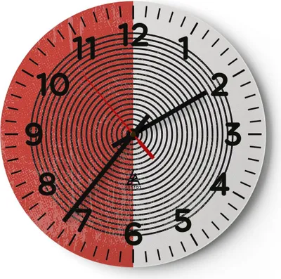 Produktbild von Wanduhr - Rund - Glasuhr - Abstraktion Weiß-Rot Kreise - 40x40cm - Schleichendes Uhrwerk - Lautlos - zum Aufhängen bereit - Dekoration Modern - Wanddekoration aus Glas - C4AR40x40-4370
