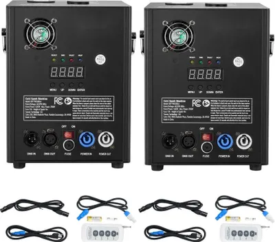 Immagine prodotto di 2x macchina del divertimento 500 W - Macchina pirotecnica in lega di alluminio - Macchina per fuochi d'artificio con controller DMX - Regolabile da 2 a 4 m - Macchina per scintille fredde - 7 min. per ricarica - Ideale per matrimoni, spettacoli DJ, feste.