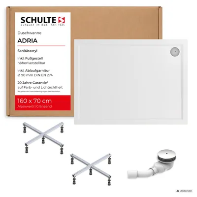 Produktbild von Schulte Duschwanne Adria 160x70 cm, Sanitäracryl Weiß, Set mit Fußgestell + Ab- und Überlauf, Höhe 16,5 - 21,5 cm