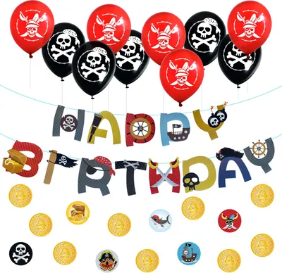 Produktbild von Oblique Unique Happy Birthday Geburtstag Party Deko Set - Piraten Girlande + Konfetti + Totenkopf Ballons für Jungen