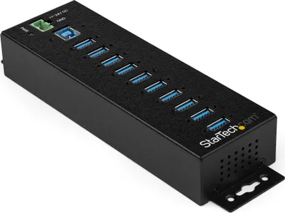 Produktbild von StarTech.com 10 Port USB 3.0 Hub mit Netzteil - Industrieller USB-A Hub aus Metall mit ESD und 350W Überspannungsschutz - Din/Wand/Schreibtischmontage - Hochgeschwindigkeits USB 3.2 Gen 1 (5Gbit/s) Hub, USB 3.2 Gen 1 (3.1 Gen 1) Type-B, USB 3.2 Gen 1 (3.1 Gen 1) Type-A, 5000 Mbit/s, Schwarz, Leistung, RoHS, REACH, CE, FCC, TAA