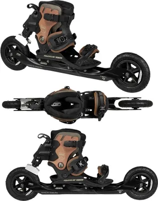 Three views of a pair of off-road roller skates.
