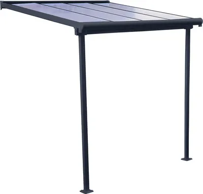 A dark gray aluminum patio awning with a clear, segmented roof is supported by two dark gray posts.