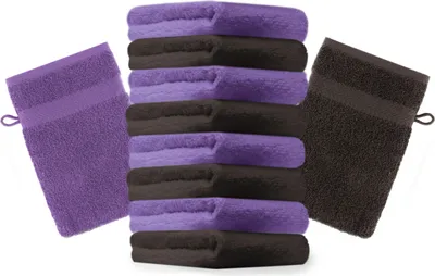 Produktbild von Betz 10 Stück Waschhandschuhe 16x21 cm PREMIUM 100% Baumwolle  Farbe: dunkelbraun und lila
