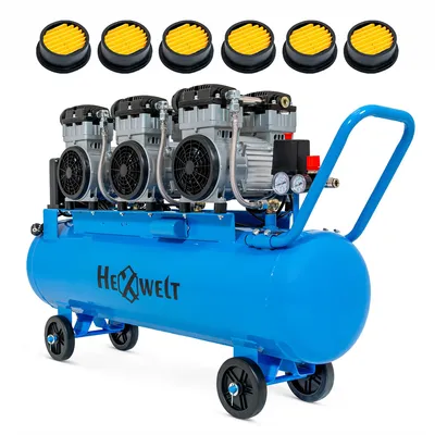 Image de Compresseur sans huile HW-KBO-6T-100L - 100 L, 6 cylindres, 576 l/min, 8 bar, 3,3 kW, 230 V, cylindres en fonte, mobile pour atelier et industrie