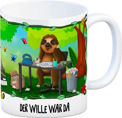 Produktbild von Kaffeebecher mit Faultier Motiv und Spruch: Der Wille war da Becher Tasse