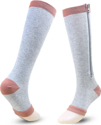 Produktbild von Reißverschluss-Kompressionssocken, offene Zehe, kniehoch, dehnbar und atmungsaktiv, Wadenkompressionsstrümpfe für Sport, 3 Paar, S/M